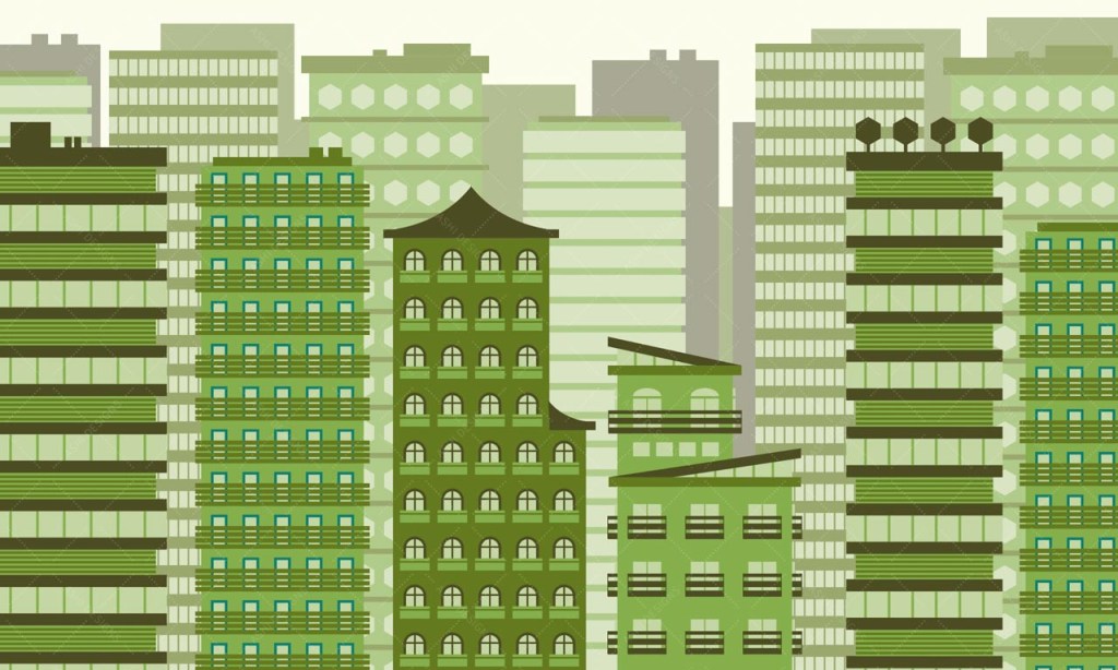 Vector illustration of dozens of skyscrapers with different architectural styles, made out of simple shapes in shades of green.