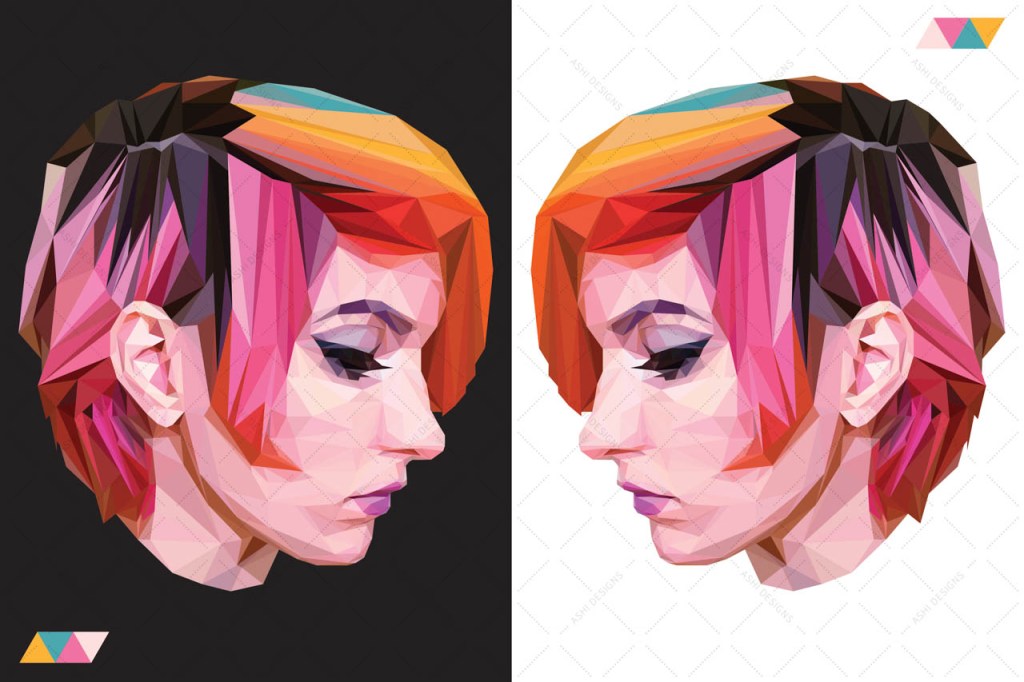 Mirrored portrait of Ashi Franke with rainbow hair made out of a polygonal mesh. She's shown from her side profile and the portraits are facing each other.