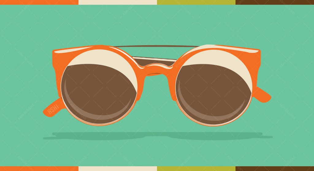 Digital illustration of a pair of orange sunglasses with round lenses on a teal background.