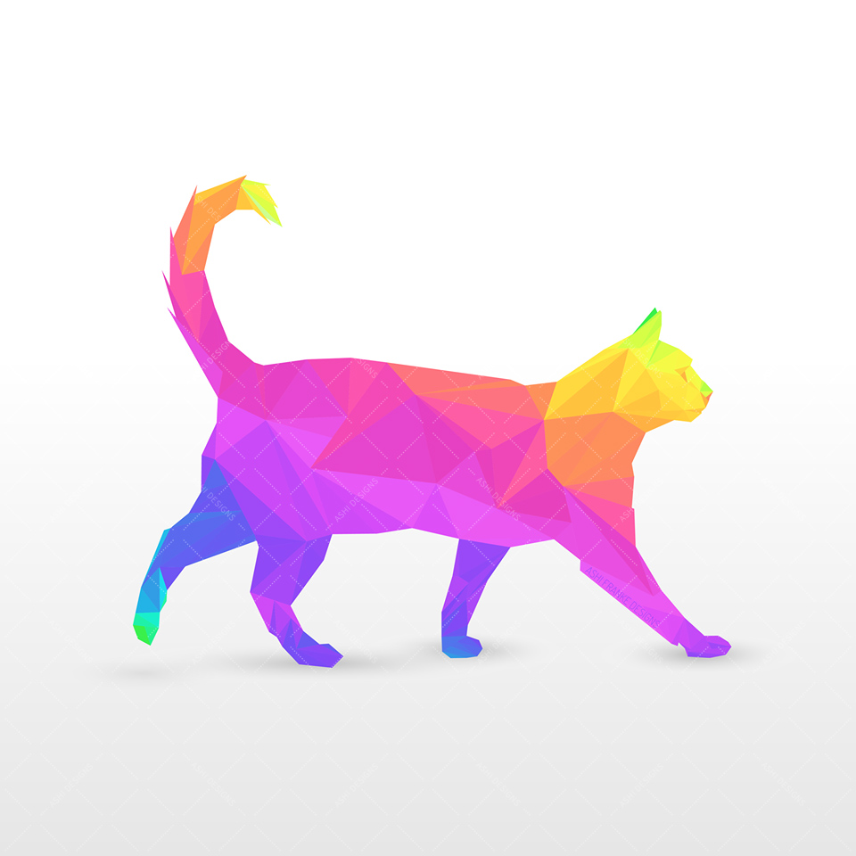 Vector illustration of a cat walking to the right, made up of a rainbow, triangular mesh.