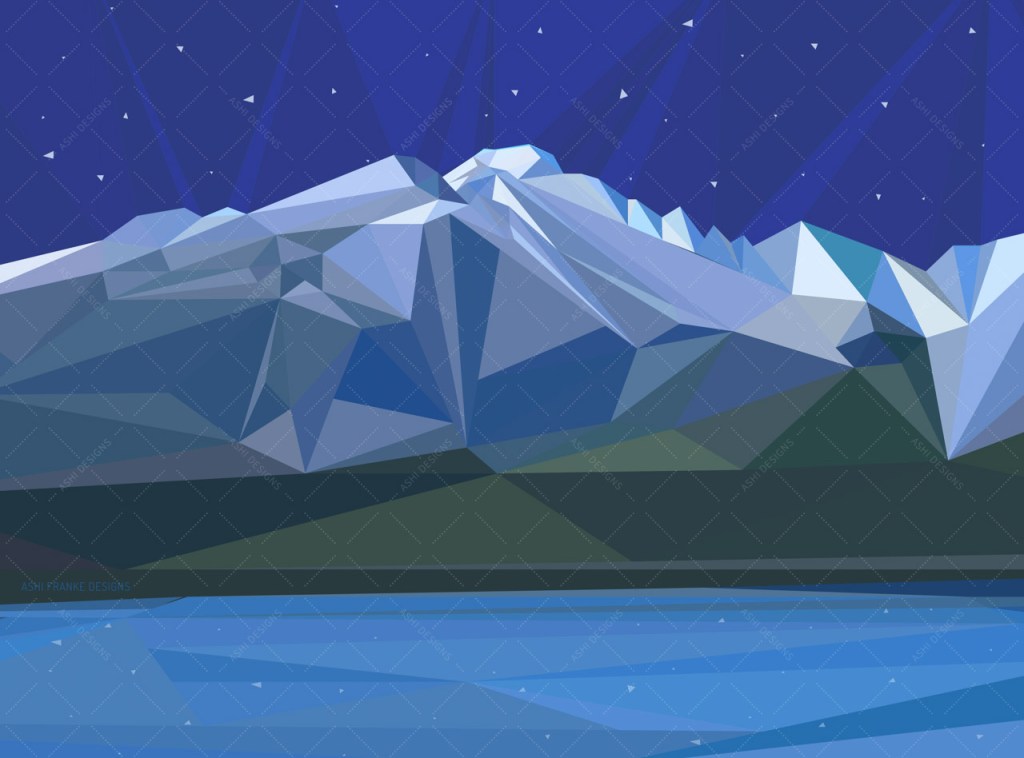 Vector illustration of mountains over a lake at night in shades of purple and blue, made out of a triangular mesh.
