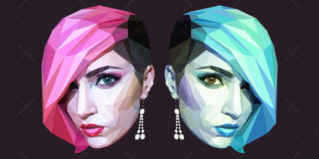 Reflected self portrait of Ashi in pink and blue made of a triangular mesh.