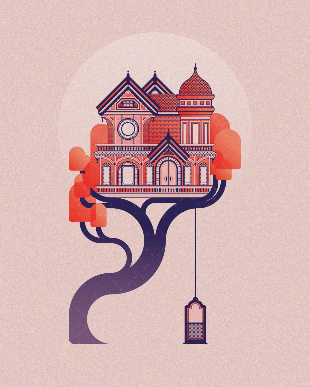 A pink, orange, and purple illustration of a Victorian house in a tree with an elevator hanging down.