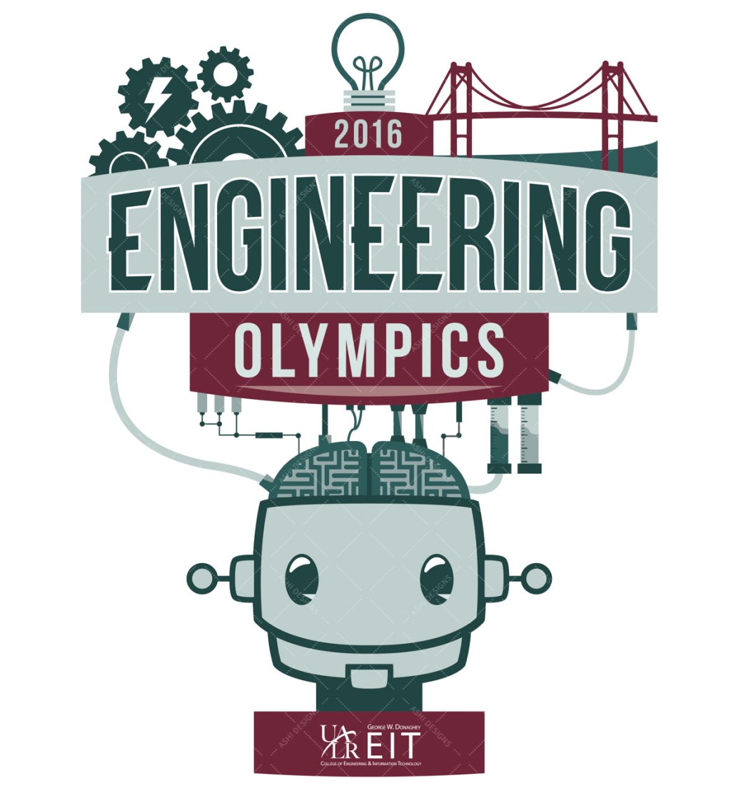 Graphic with text that says '2016 Engineering Olympics,' the UALR EIT logo, and a smiling robot head connected to gears, test tubes, a bridge, and a lightbulb.