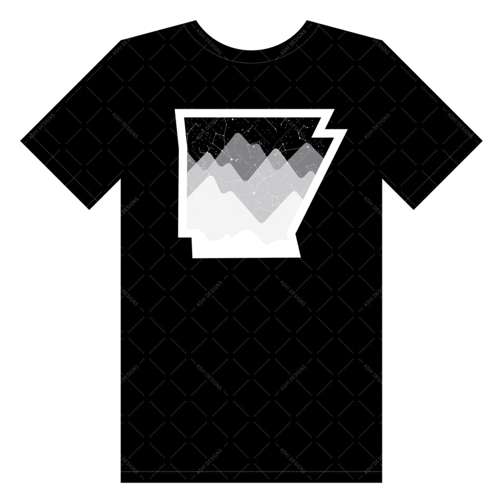 Black t-shirt with a white Arkansas outline framing white and gray, overlapping mountains.