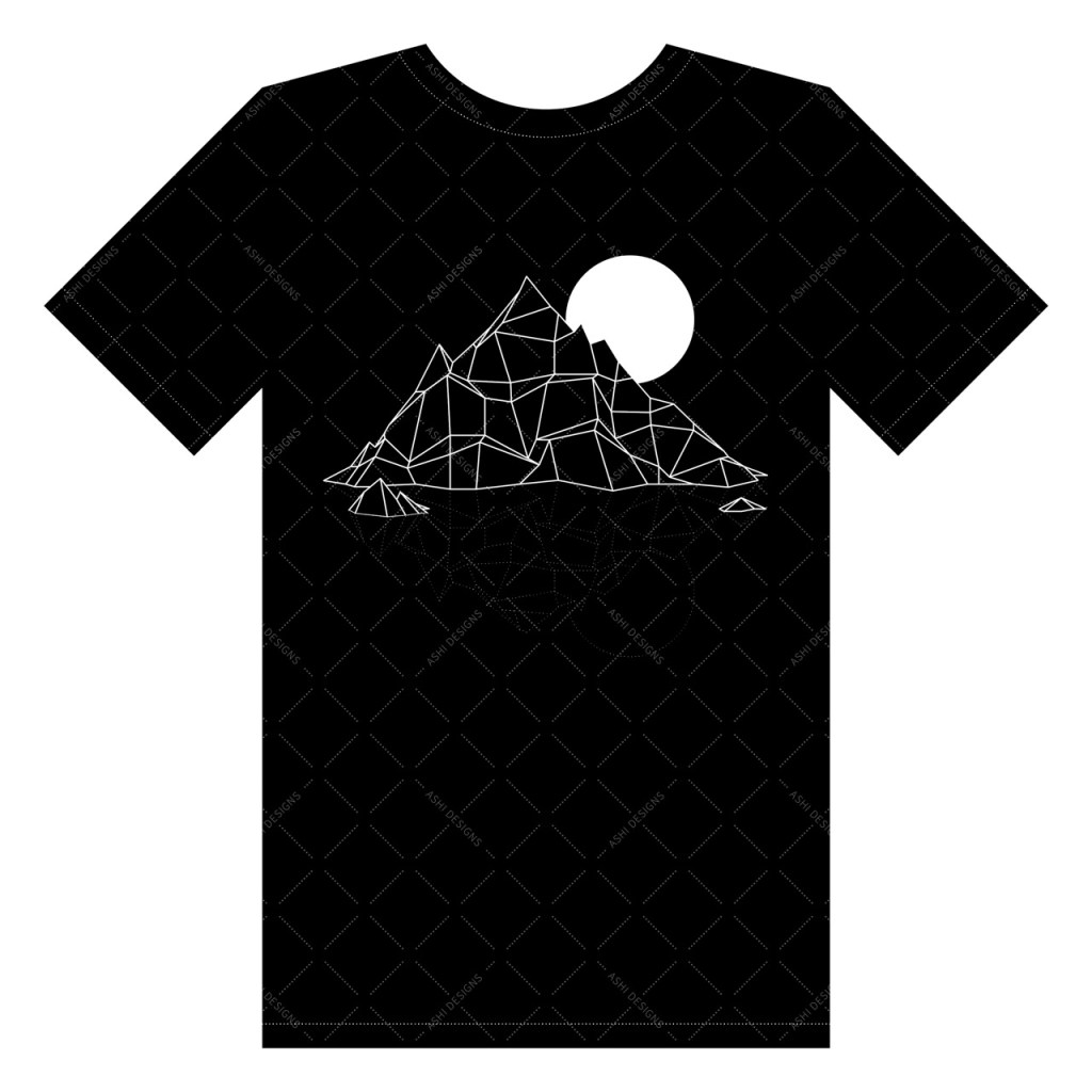 Black t-shirt with a white illustration of a glacier in front of a full moon.