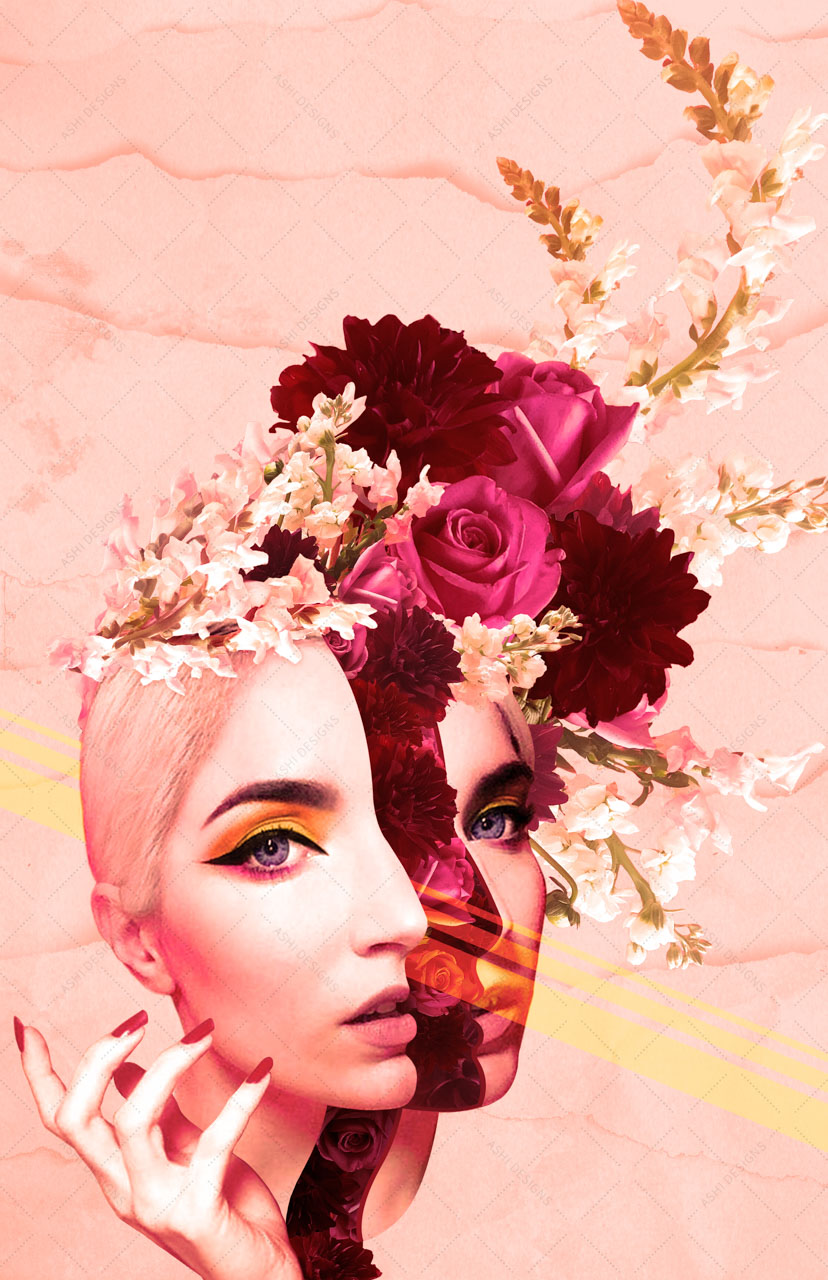 Digital collage of Ashi Franke's face split vertically down the middle with flowers billowing out.
