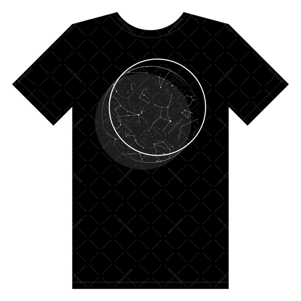 Black t-shirt with a white constellation design inside a white circle, slightly offset.