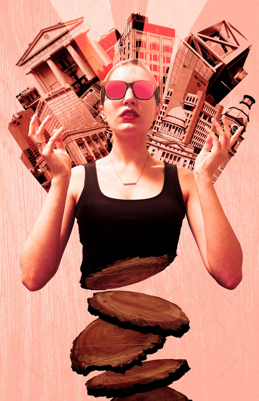 Digital collage of Ashi Franke with her hands raised, beams of light shooting from her glasses, torso split into tree logs, framed by a halo made up of buildings in downtown Little Rock, Arkansas.