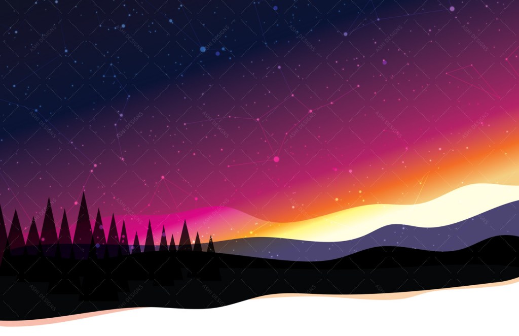 Digital illustration of a vibrant sunset in a sky filled with constellations over a forest.