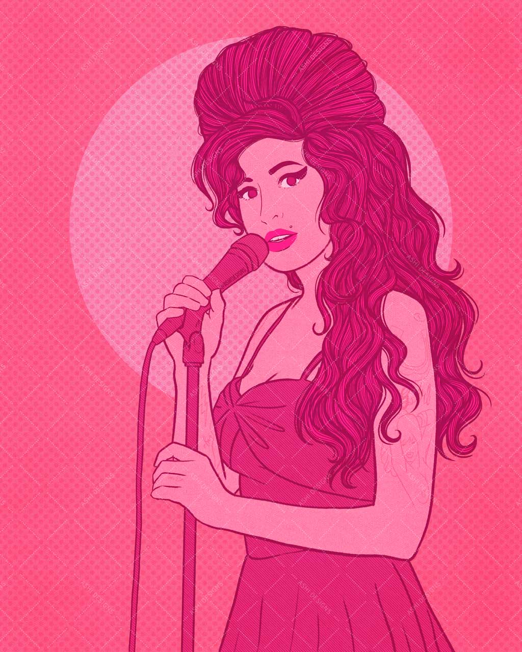 Digital illustration of Amy Winehouse singing into a microphone in shades of pink.