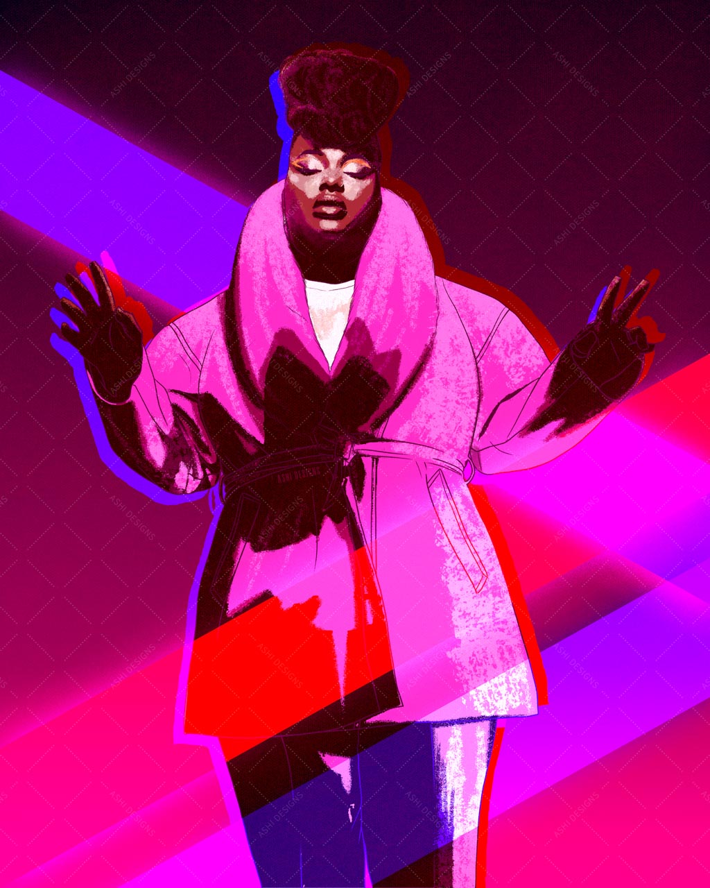 Painterly illustration of rapper/singer CHIKA posing with her eyes closed and her hands raised as if she’s conducting an orchestra. The illustration was done in vibrant shades of pink, blue, and violet, and three bars of light are overlaid on the image.