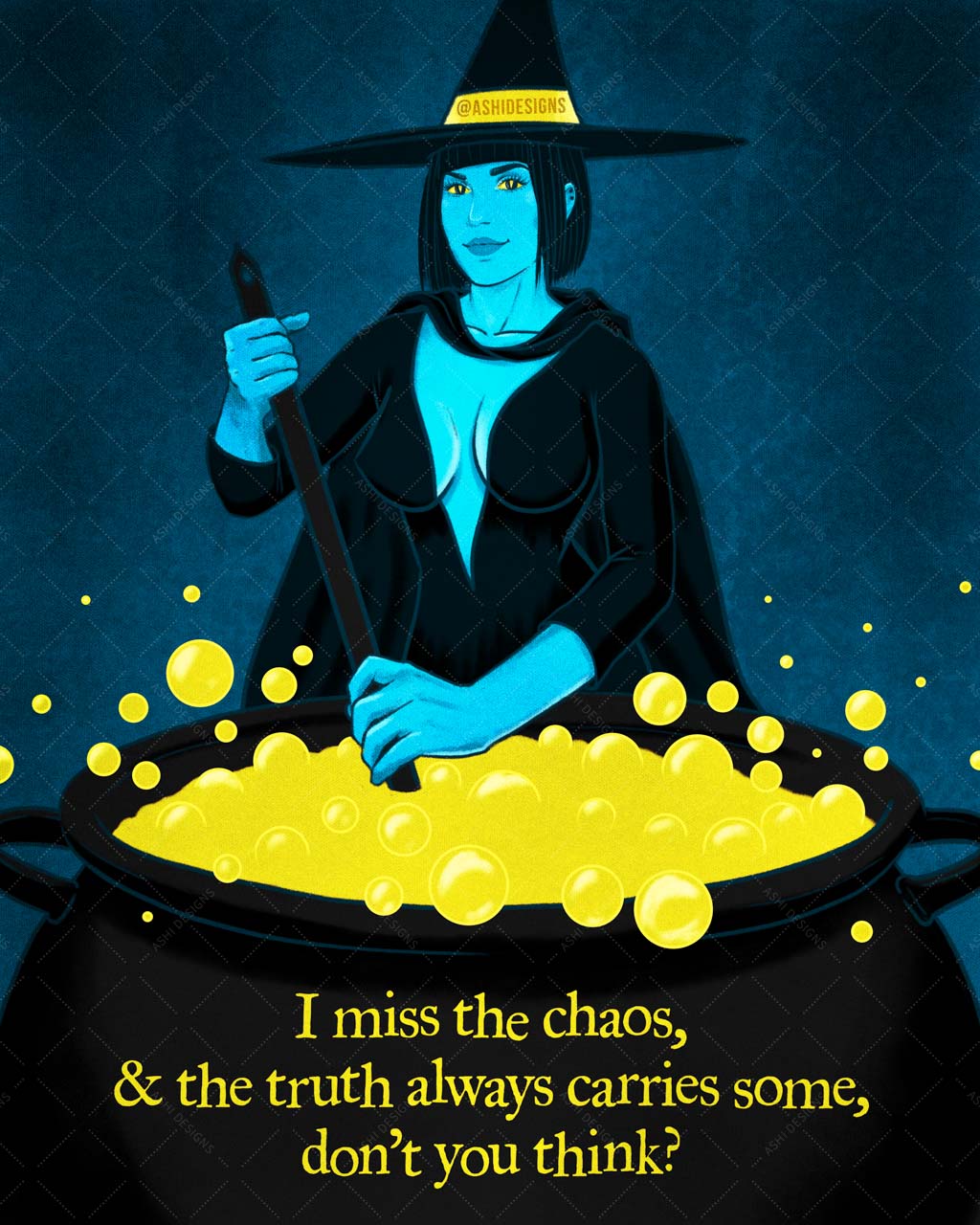 Hecate from the web comic “Lore Olympus” dressed in a witch’s hat, stirring a large cauldron of a bubbling yellow potion. Text on the cauldron says a quote from Hecate in the newest episode of Lore Olympus: “I miss the chaos, and the truth always carries some, don’t you think?”