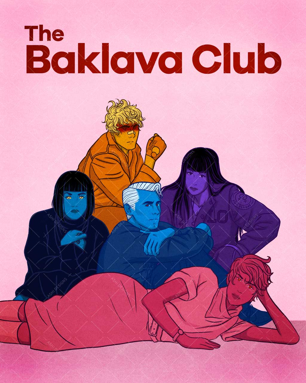 A digital illustration of the poster of the “Breakfast Club” with Lore Olympus characters as the actors. Persephone is Claire, Hades is Brian, Ares is John, Hecate as Allison, and Artemis as Andrew. The title has been changed to say, “The Baklava Club.”