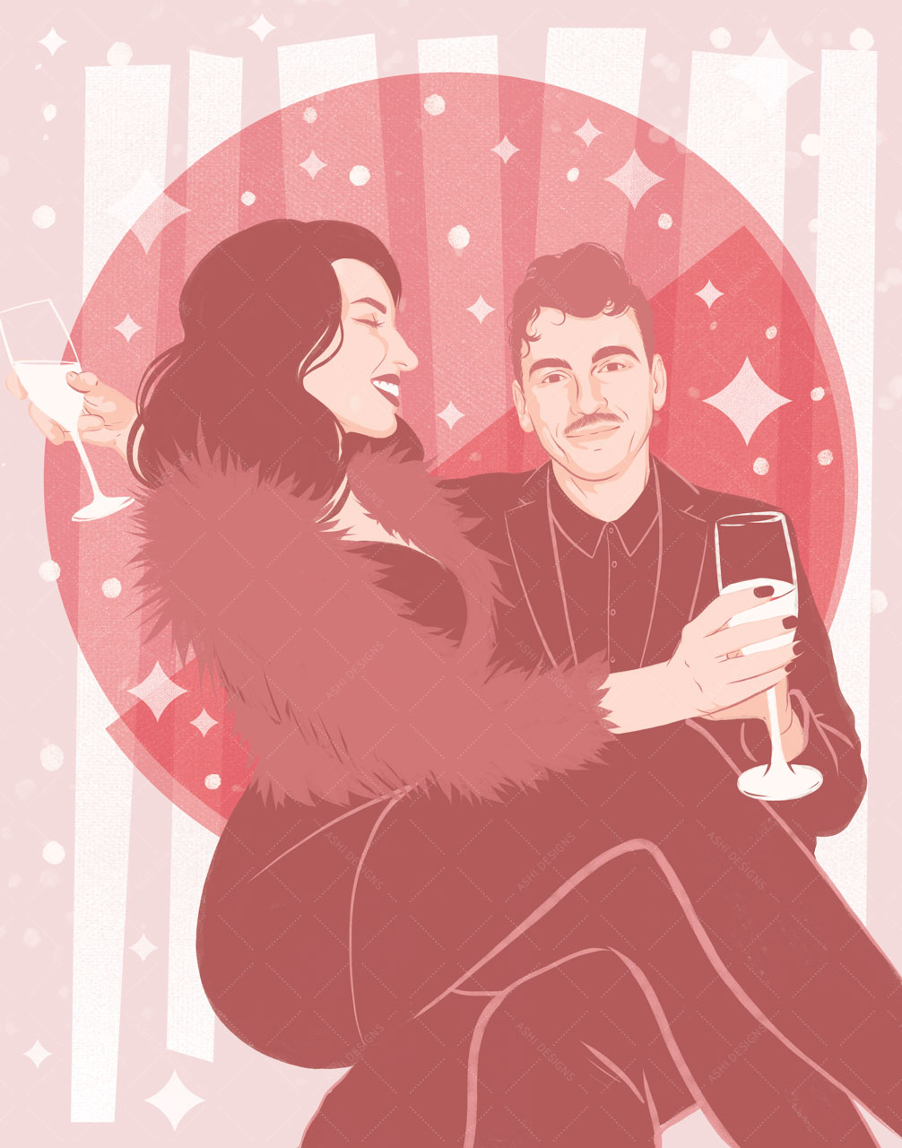 Portrait of Ana Franke and Ted Gilliam smiling and holding champagne glasses, in shades of blush pink.