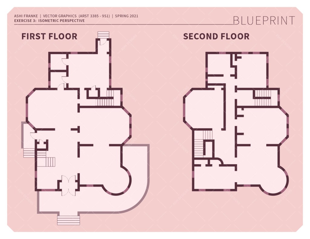 Floor plans for the first and second floors of the isometric house in shades of pink. The house features a wrap-around porch, spacious rooms, and several staircases.