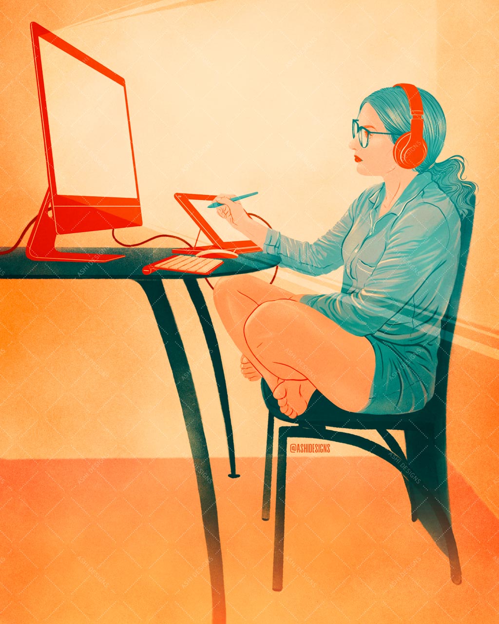 A simplistic digital self portrait in turquoise blue, tangerine orange, and beige. In the illustration, I'm sitting in a chair with my legs crossed, drawing on a tablet connected to a Mac desktop, wearing headphones, glasses, and a long button-up sleep shirt.