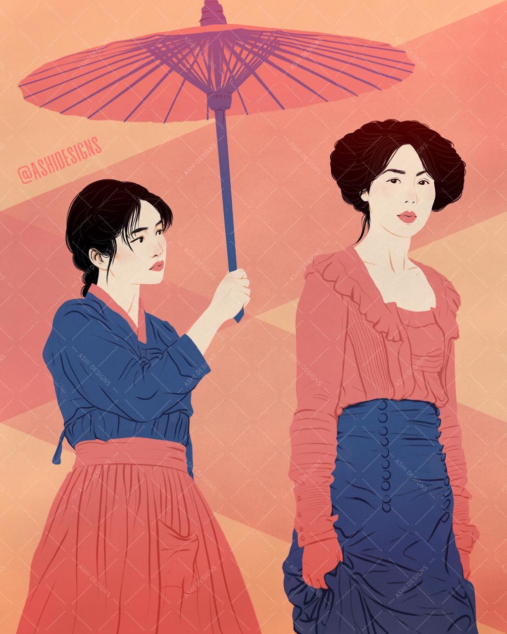 Minimalist digital illustration of Sook-hee and Hideko from the film, "The Handmaiden." Sook-hee stares longingly at Hideko while holding an umbrella over her head.