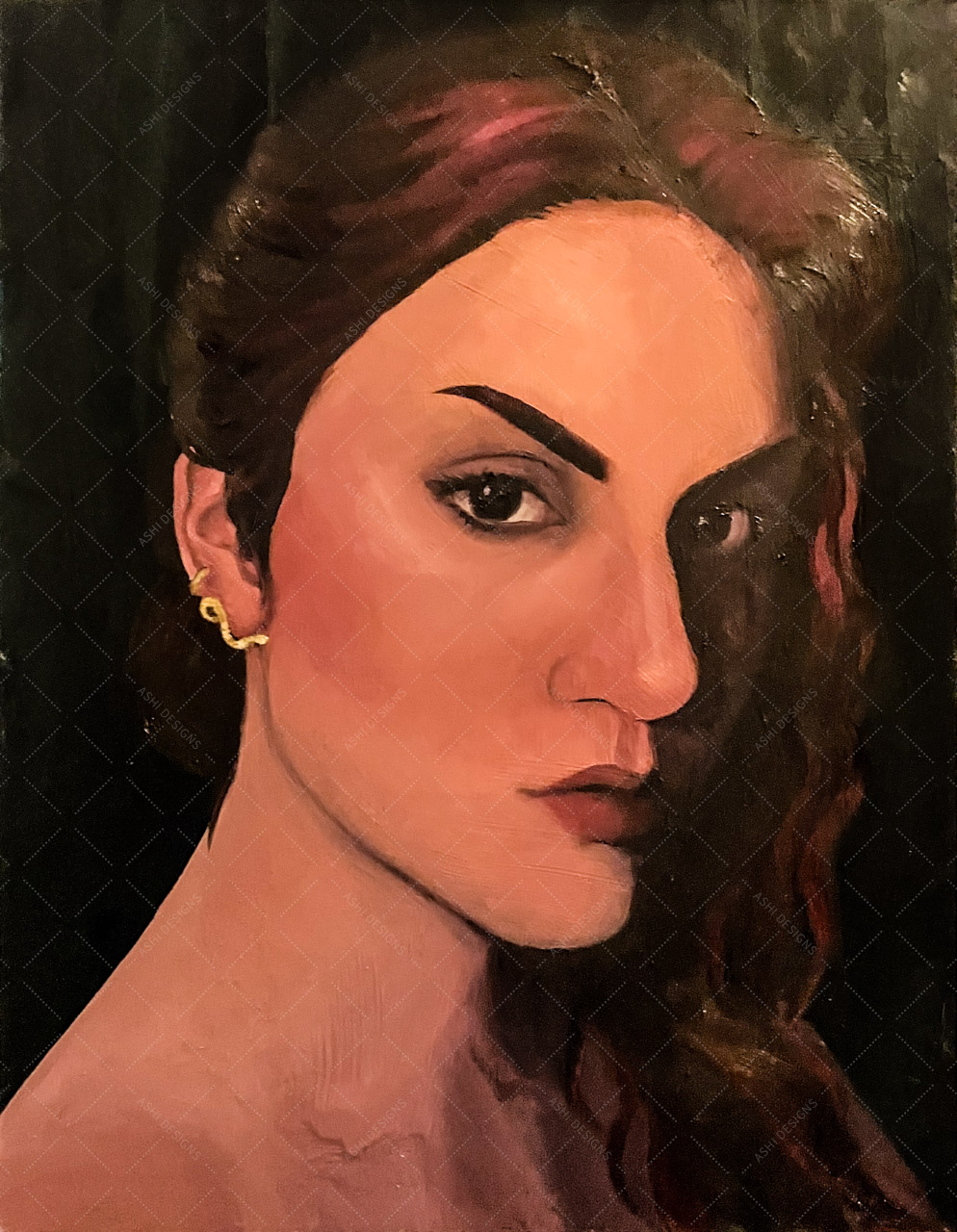 Oil painted portrait of Liz Loftus wearing a gold earring shaped like a snake.