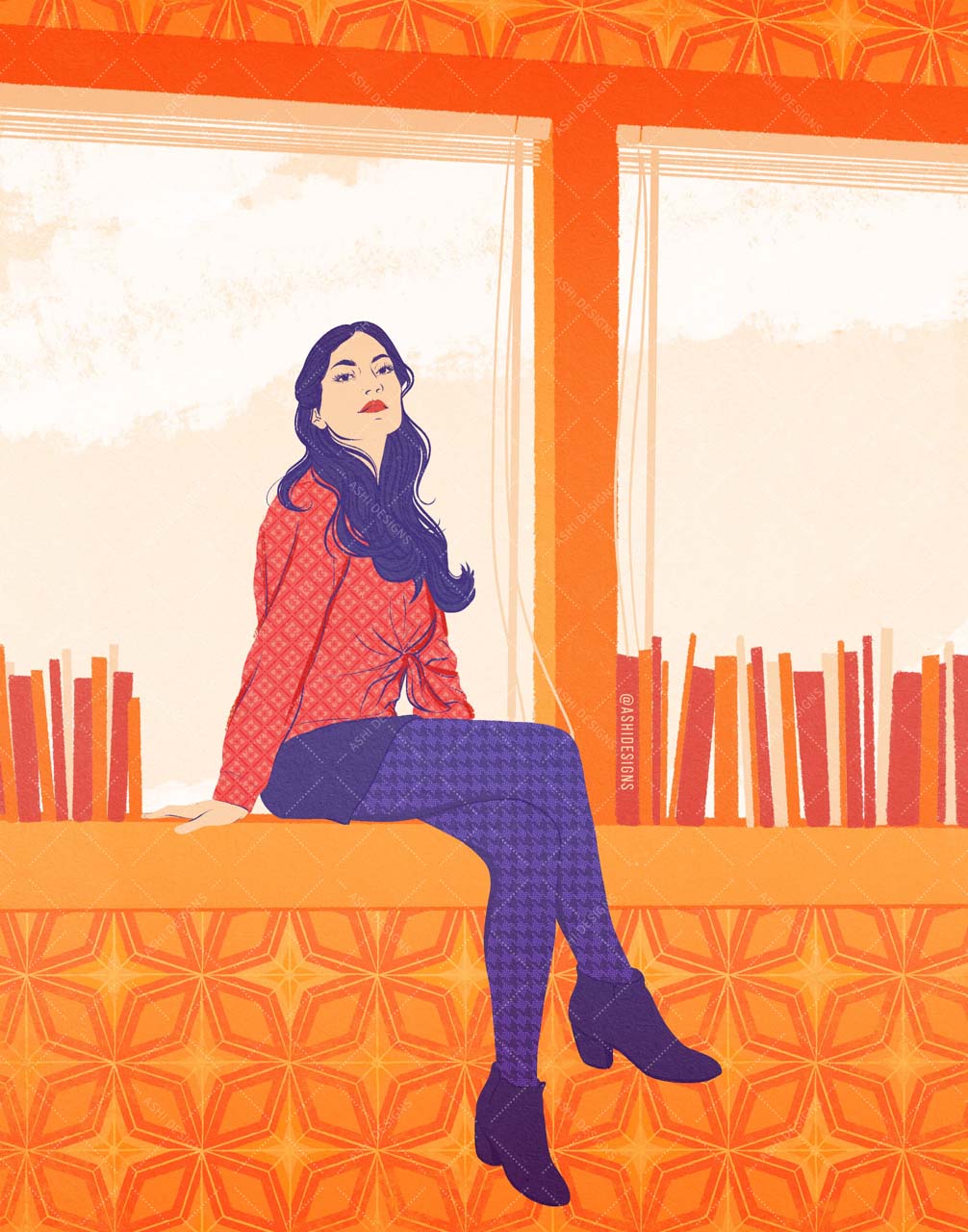 Digital illustration of Ashi in shades of orange and purple. She’s seated on a window sill lined with books, which is surrounded by mid-century modern wallpaper.