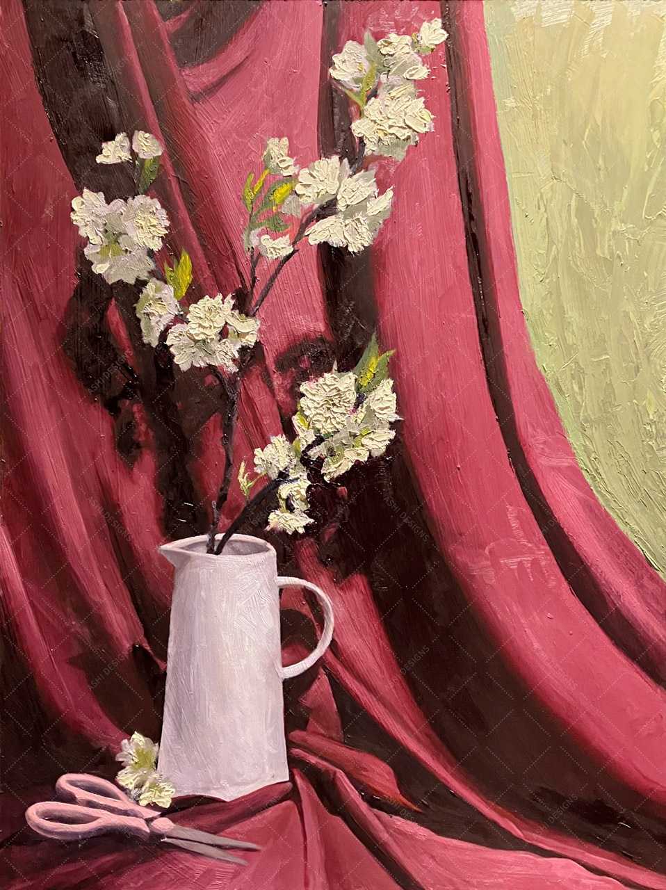 Still life oil painting of a white pitcher holding white flowers, sitting on maroon draped fabric next to a pair of pink scissors.
